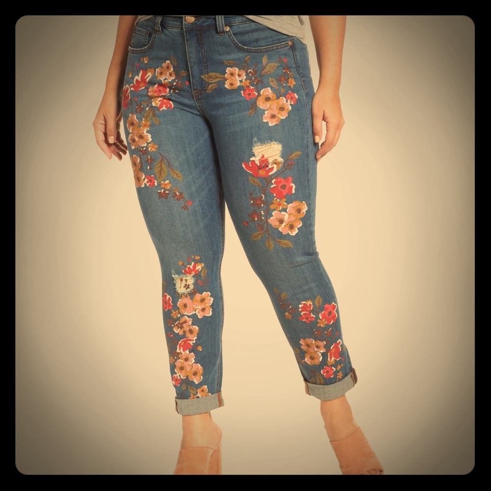 COPY - MELISSA MCCARTHY Painted Flowers Skinny Jeans